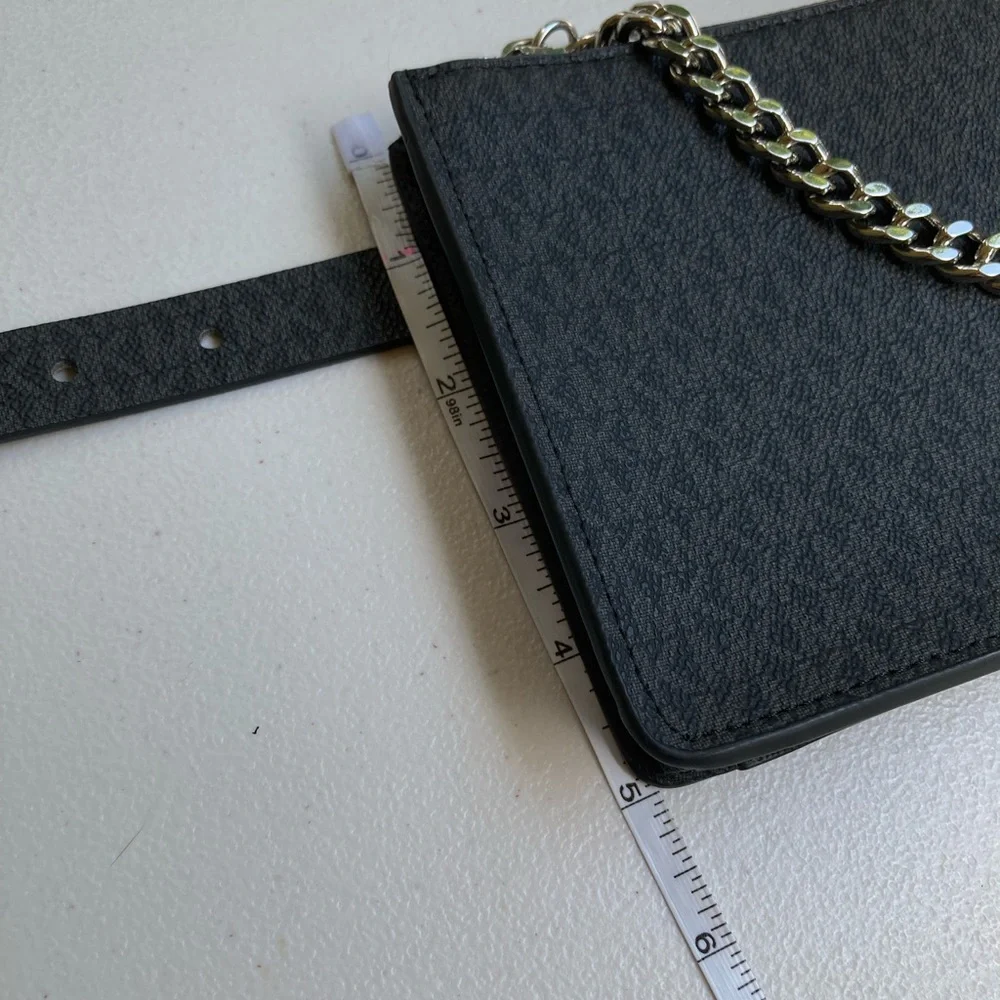 Michael Kors Black Logo Print Belt Bag Fanny Pack With Silver Pull Chain Small